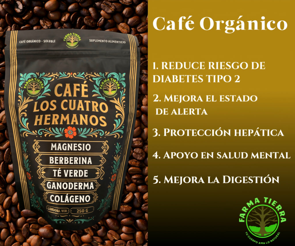 Café Orgánico Soluble Cuatro Hermanos con Magnesio, Colágeno, Berberina, Té Verde y Hongo Reishi 250 g