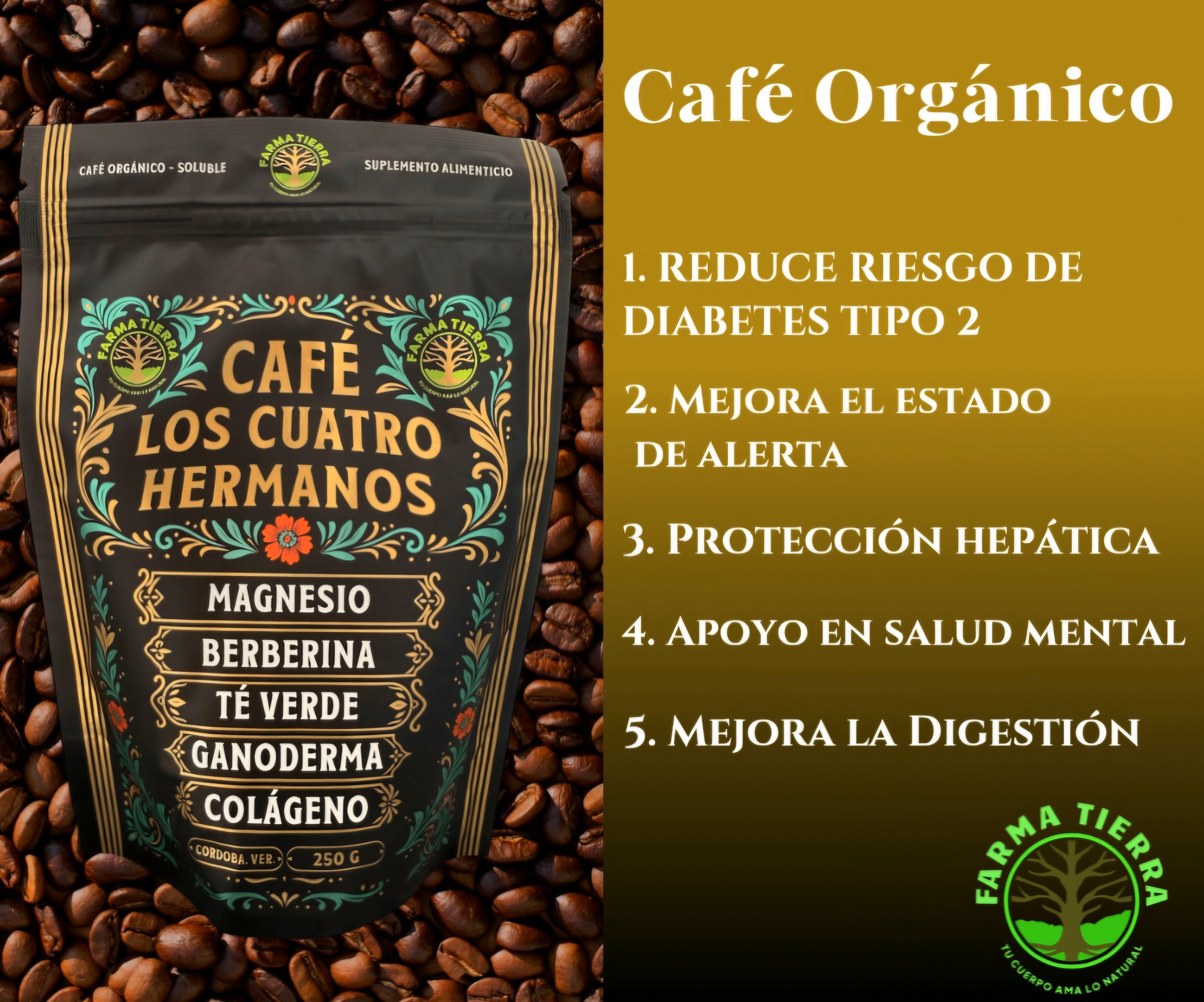 Café Orgánico Soluble Cuatro Hermanos con Magnesio, Colágeno, Berberina, Té Verde y Hongo Reishi 250 g