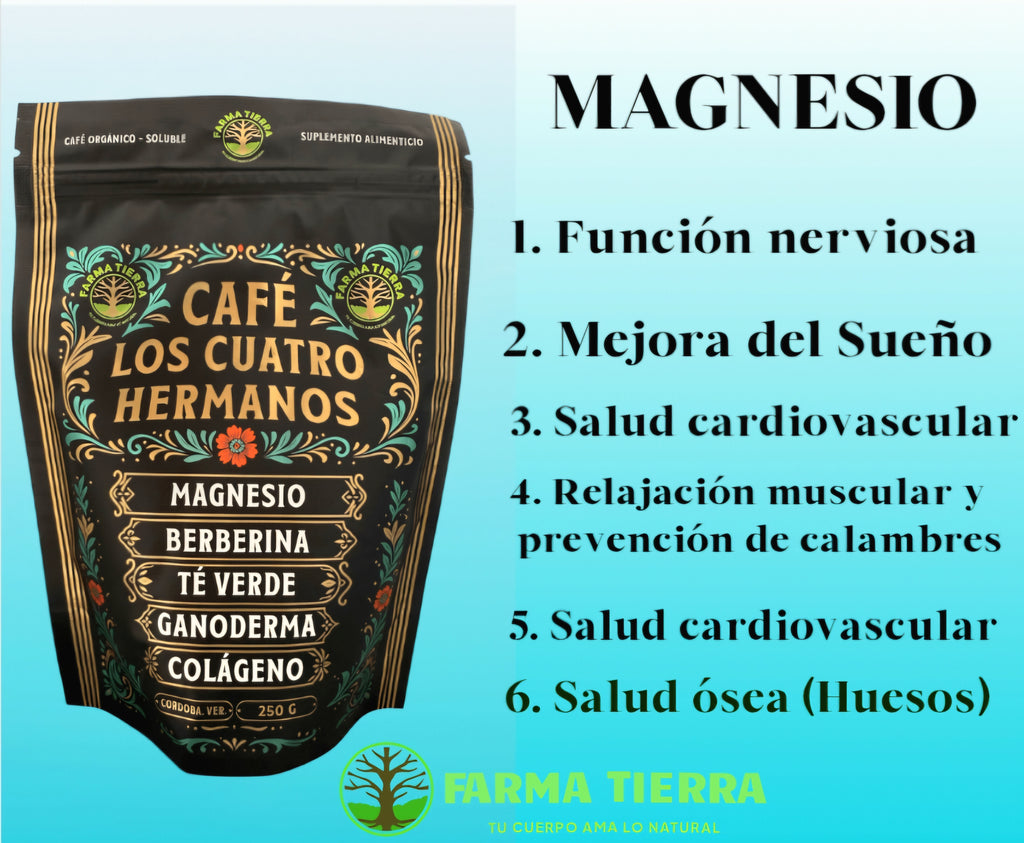 Café Orgánico Soluble Cuatro Hermanos con Magnesio, Colágeno, Berberina, Té Verde y Hongo Reishi 250 g