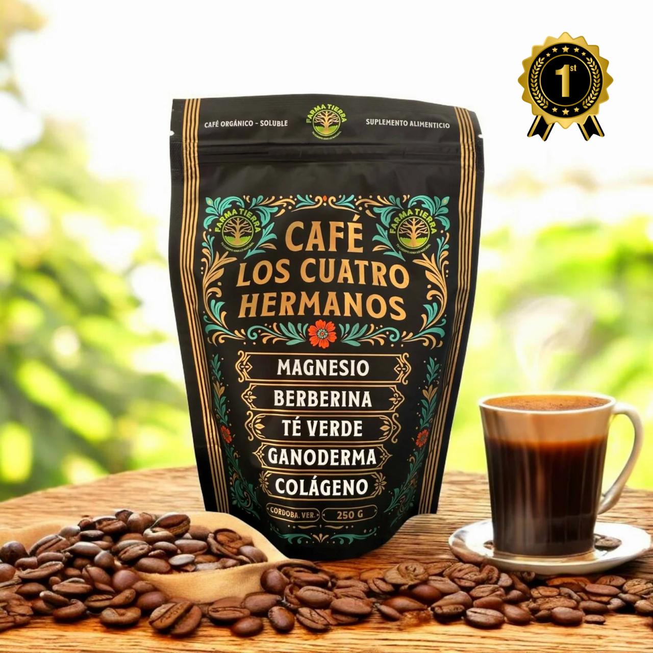 Café Orgánico Soluble Cuatro Hermanos con Magnesio, Colágeno, Berberina, Té Verde y Hongo Reishi 250 g