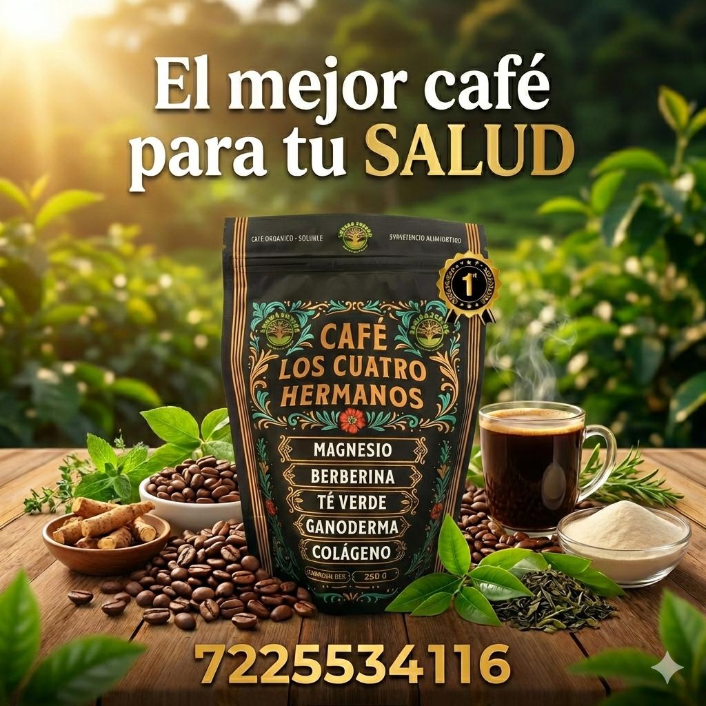 Café Orgánico Soluble Cuatro Hermanos con Magnesio, Colágeno, Berberina, Té Verde y Hongo Reishi 250 g